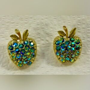 Set Of Two Vintage Aurora Borealis Rhinestone Peacock Blue Apple Brooch